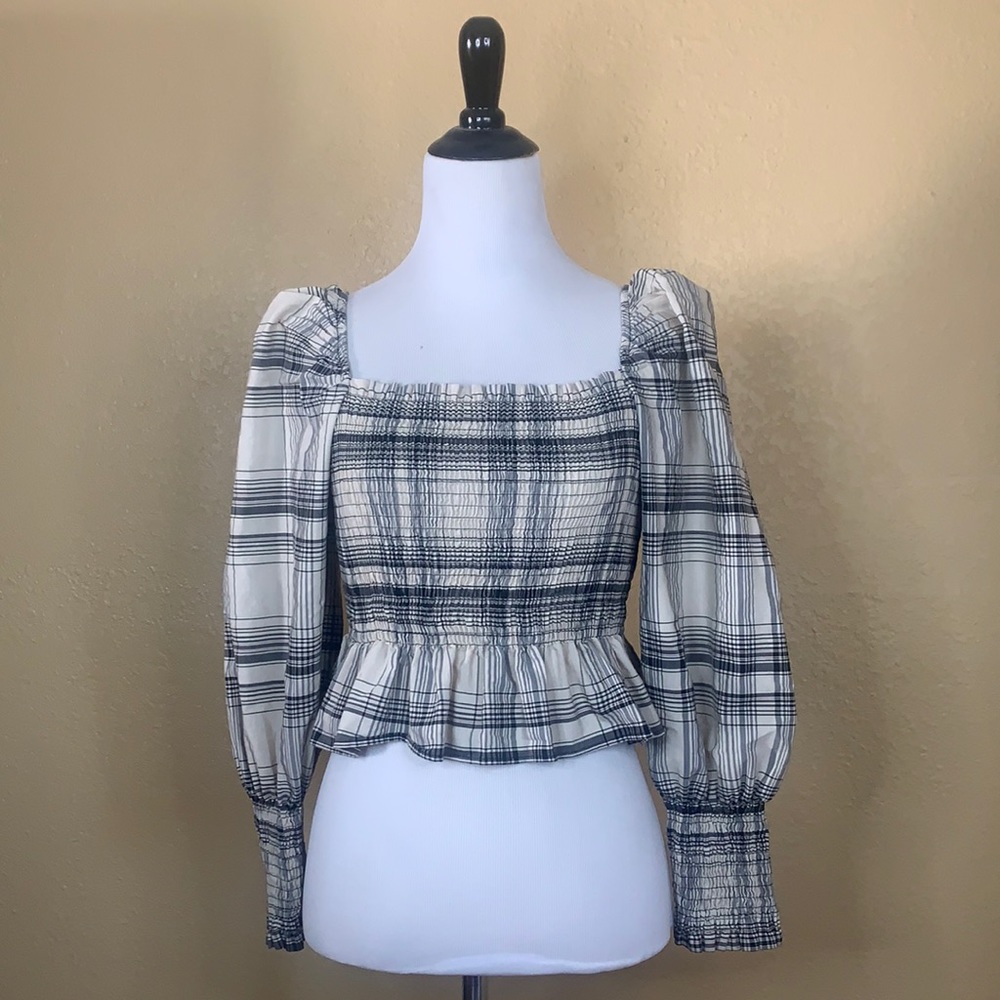 ZARA Smocked Plaid Puff Sleeve Peplum Top